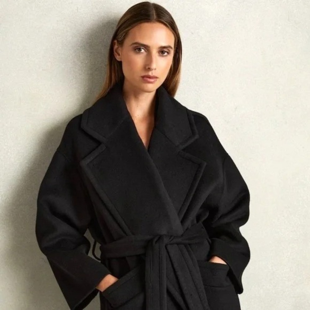 Reiss Black 100% Wool Wrap Coat Belt Long Trench Jacket Womens US 4 UK 8 Luxury - Picture 2 of 12